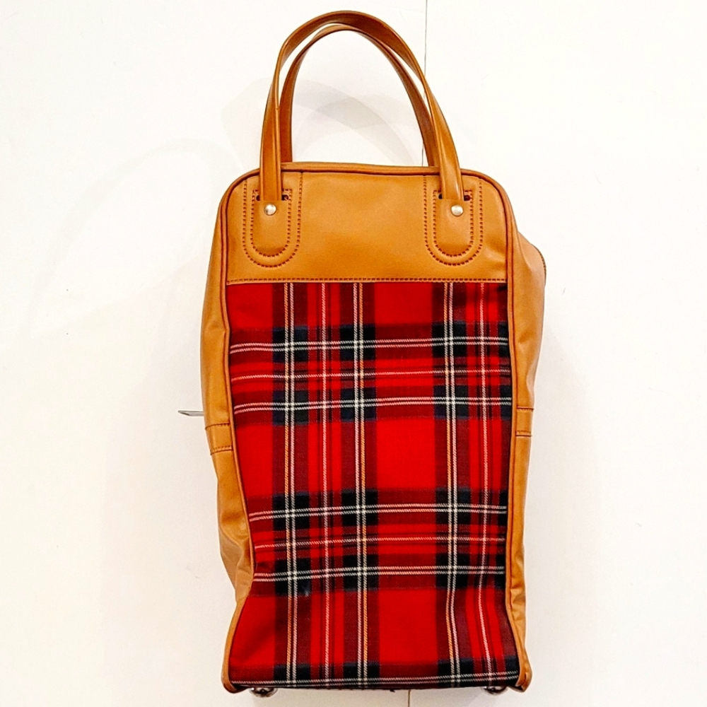 Vintage Red Plaid+Tan thermos, Picnic Bag